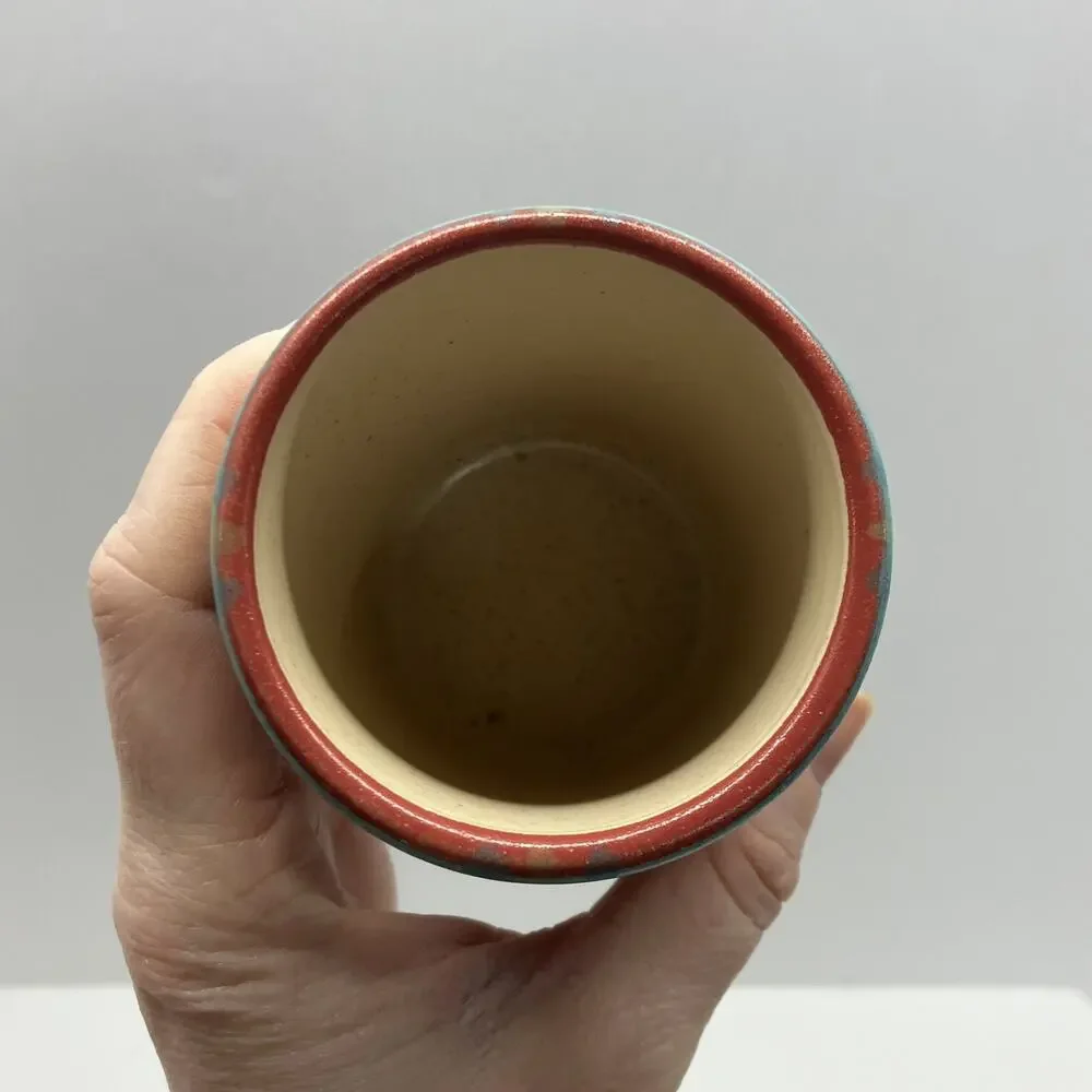 Southwestern Ceramic Cup and Saucer Set Handleless Geometric Tan Blue Pink Aztec